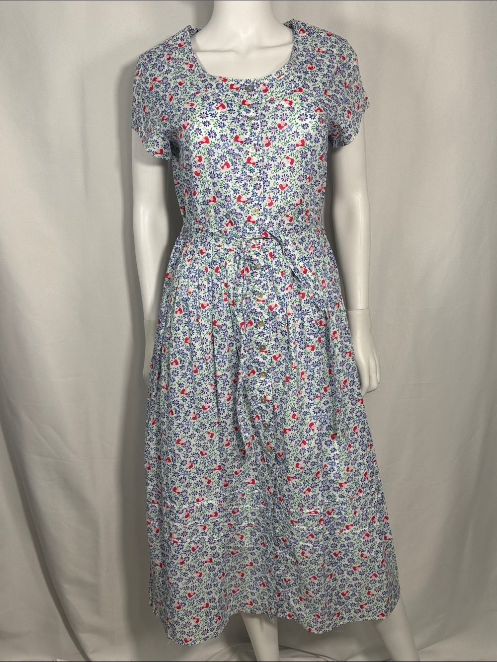 Lanz of Salzburg Cotton Floral Midi Dress With Pockets Tie Waist Cap Sleeve S